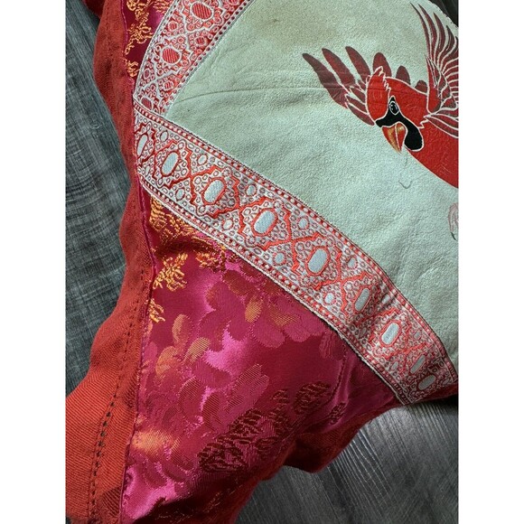 Vtg Hand Painted Cardinal Bird Square Pillow 15”x15”  tan red Leather/Satin - Picture 9 of 10